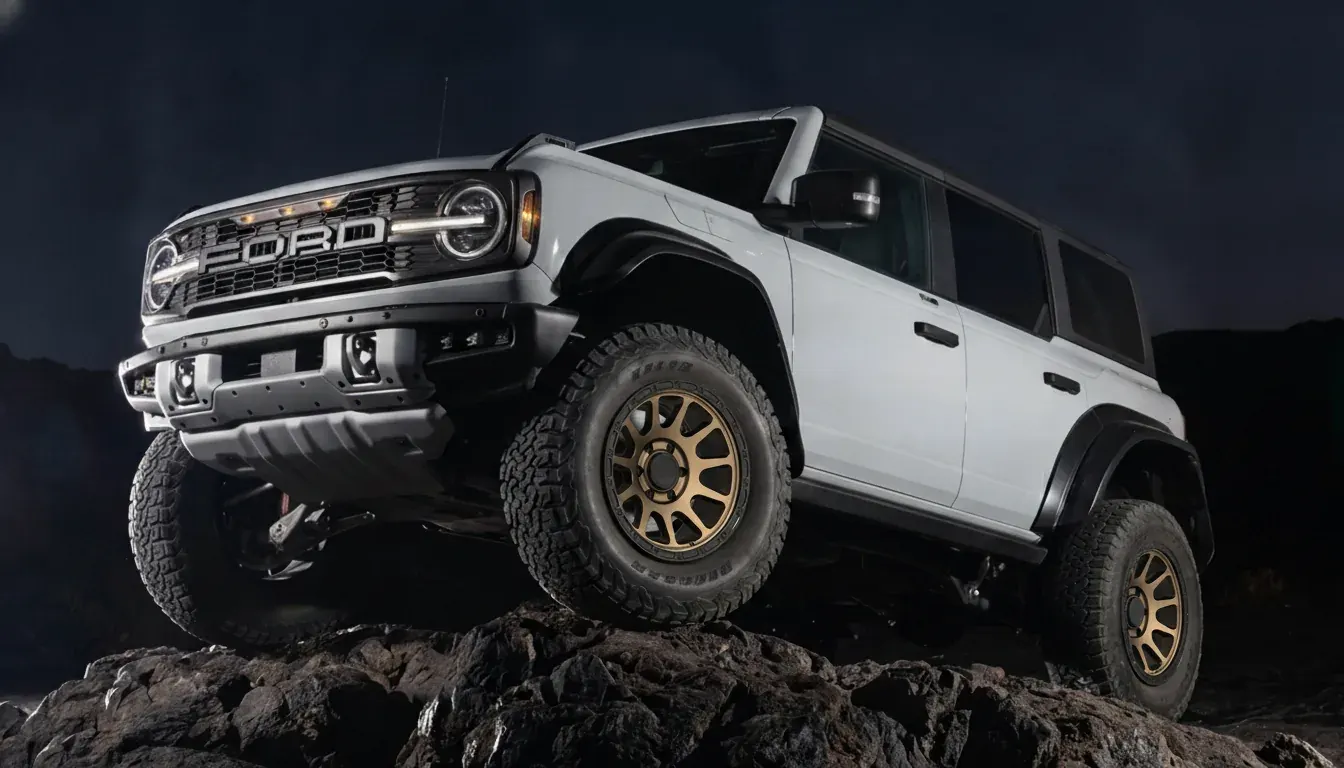 White Ford Bronco with bronze beadlock-style off-road wheels on rocky terrain at night