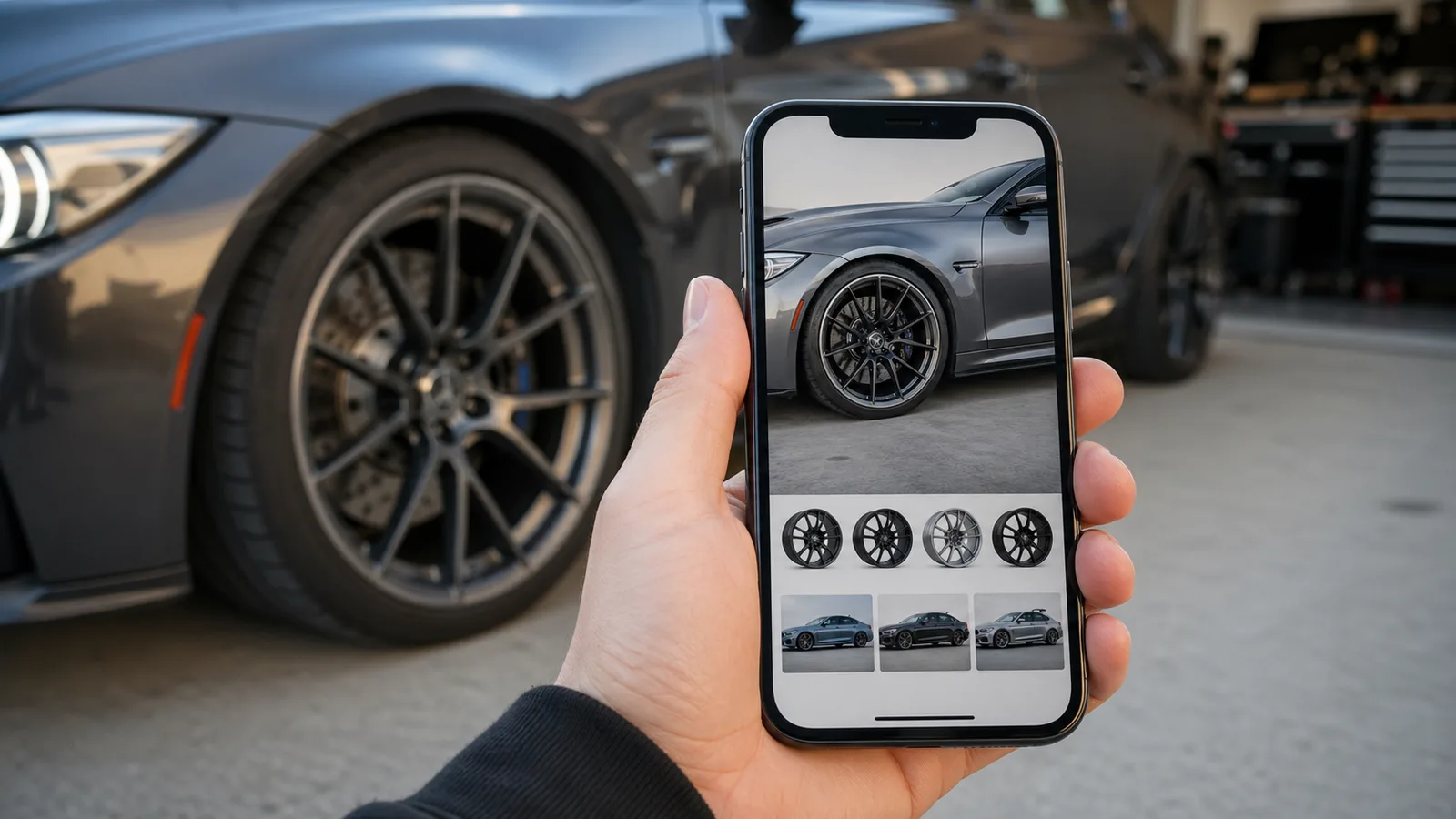 Phone showing a wheel preview workflow beside a car wheel in a garage