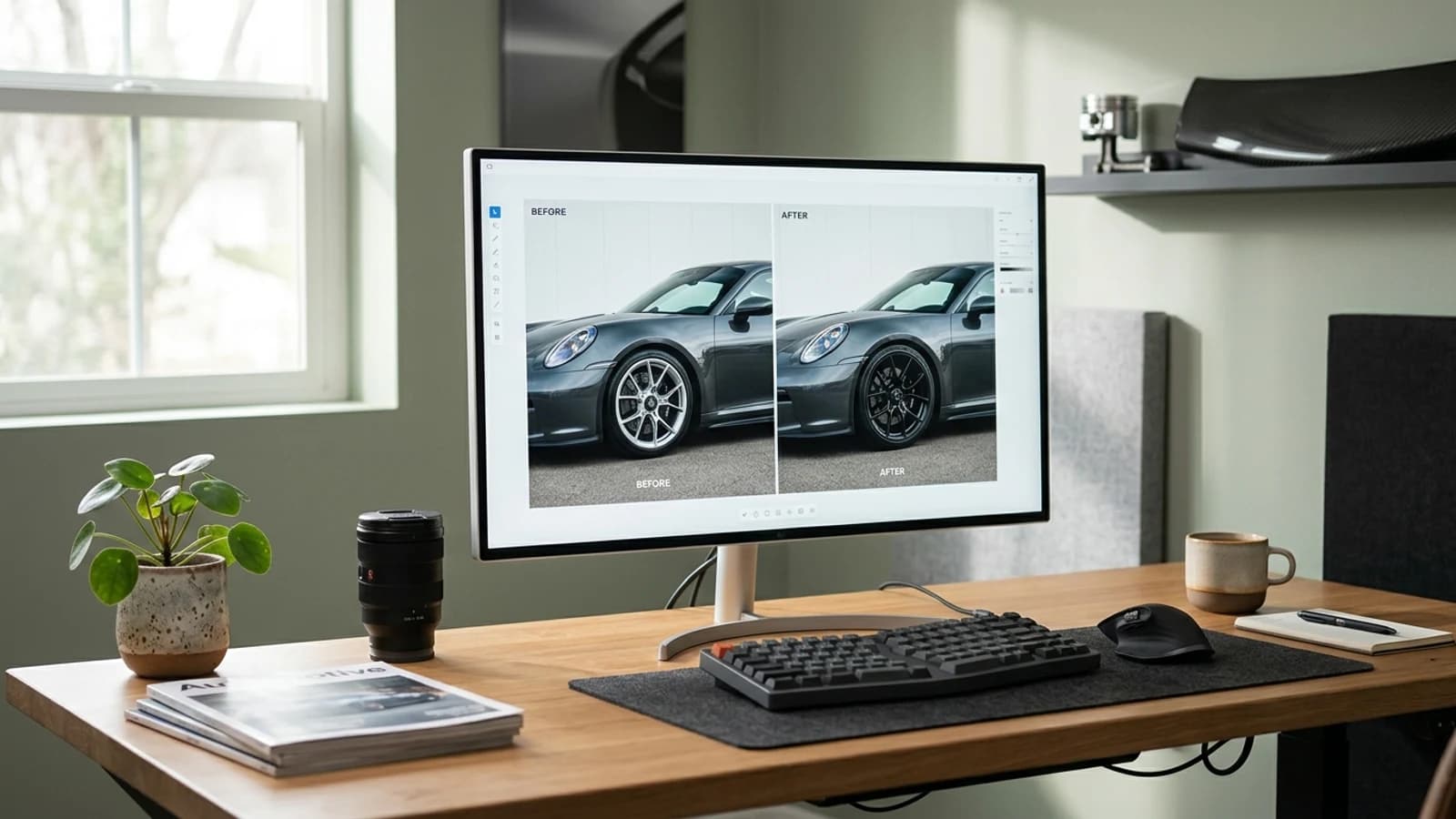 Creator desk setup with laptop editing a before-and-after car wheel swap render