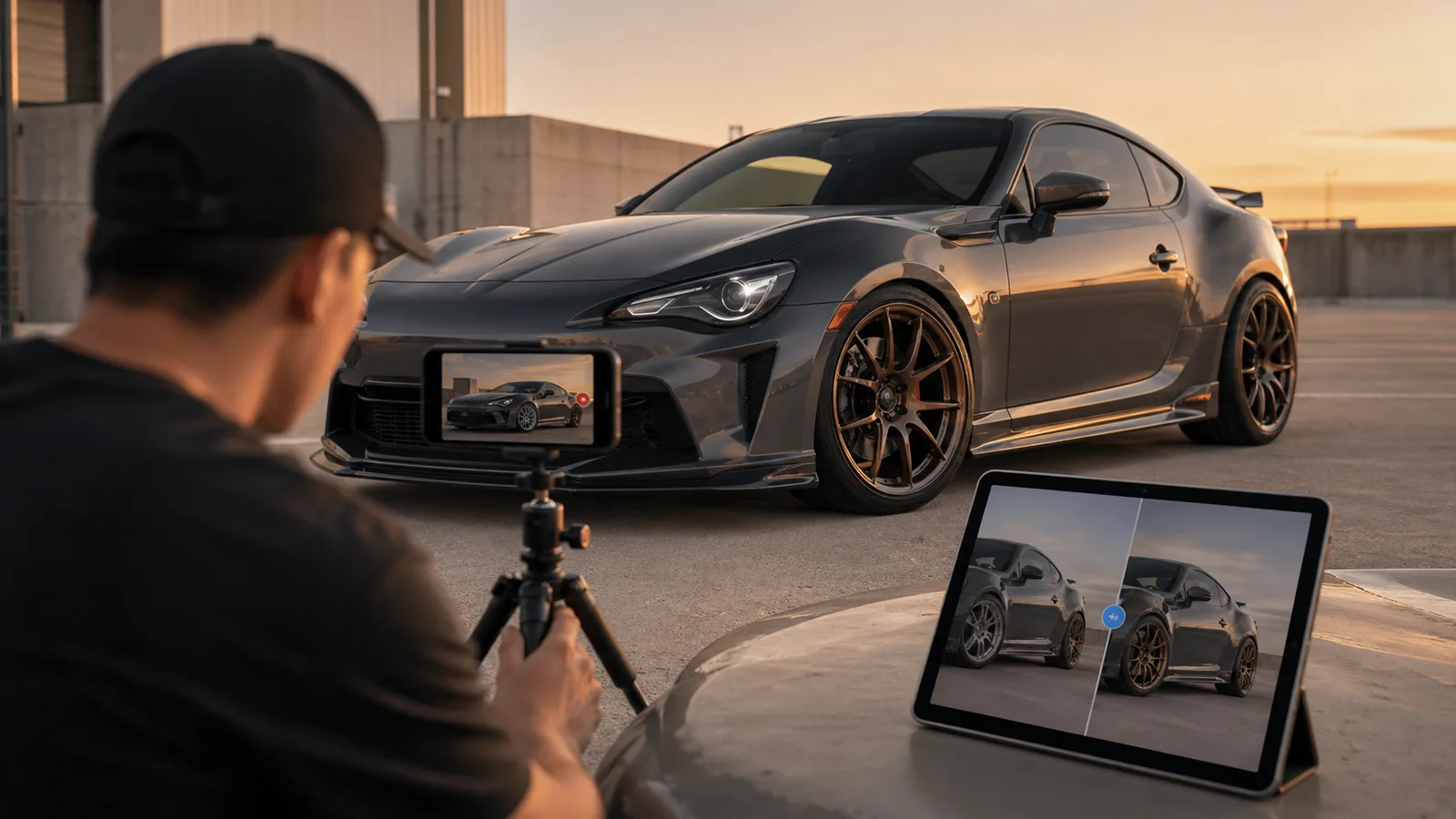 Automotive creator filming a modified car while a tablet shows a wheel swap preview
