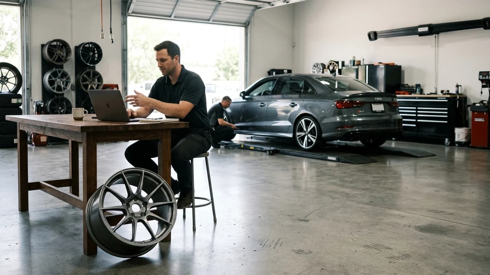 Custom automotive shop laptop showing wheel preview renders with a client car in the bay