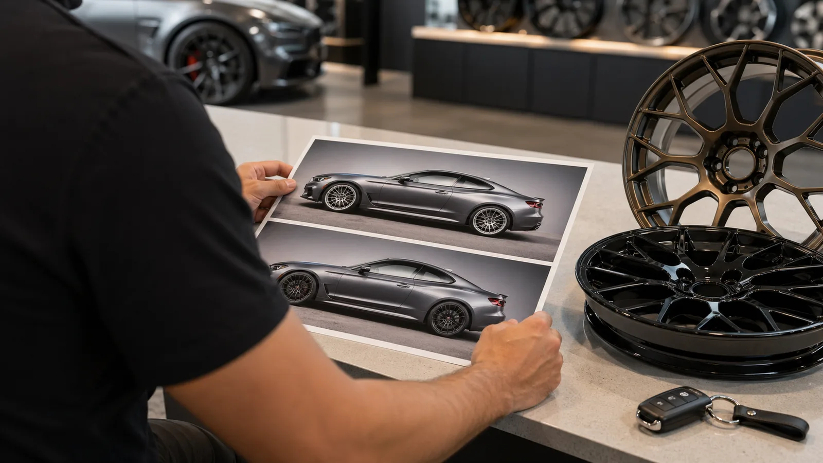 Shop consultation scene with printed before-and-after wheel render previews