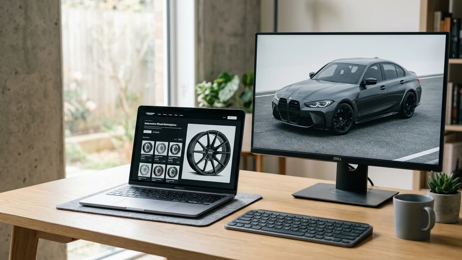Marketplace-style wheel listing preview on a laptop with a car render on a desk