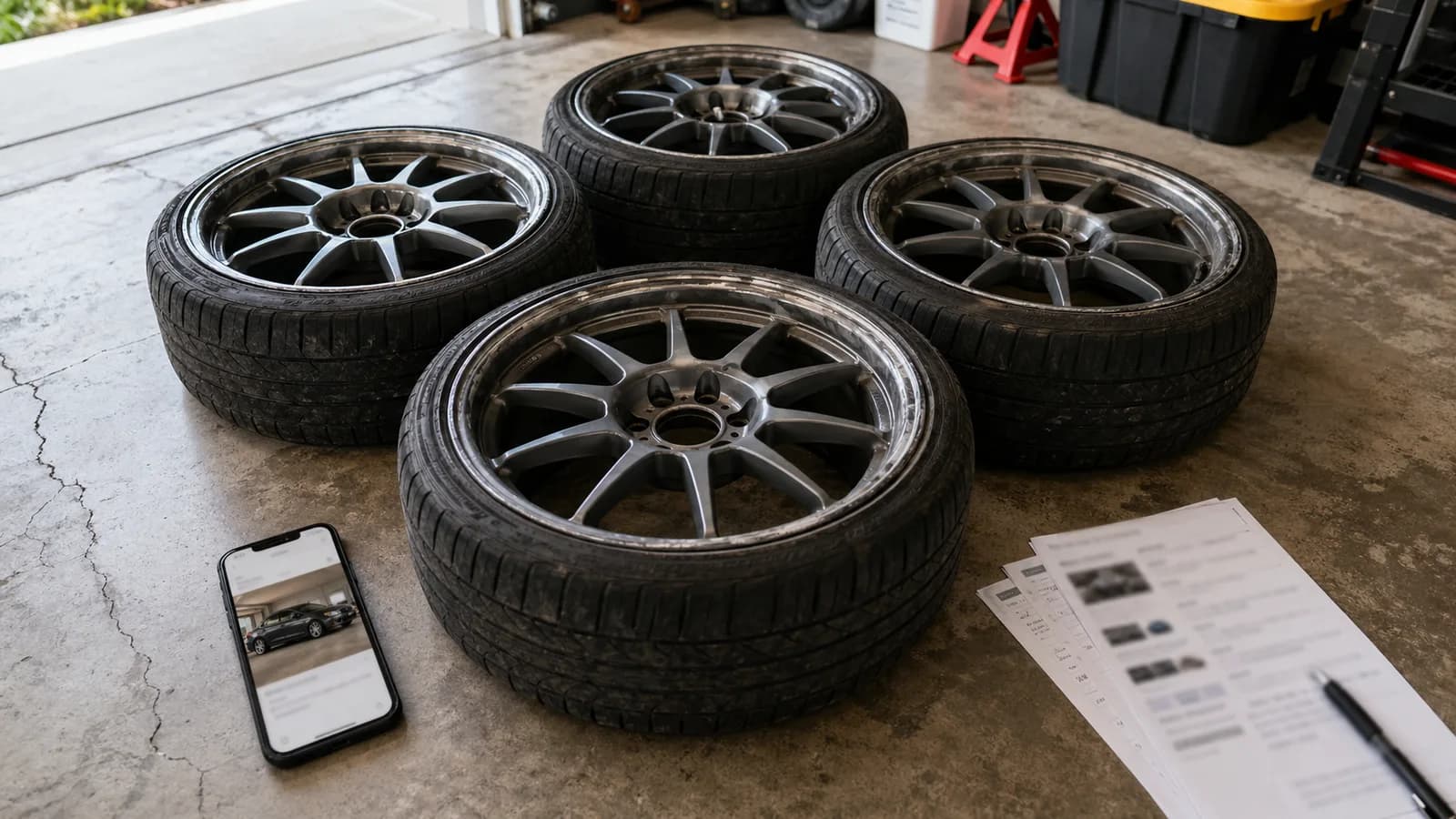Used aftermarket wheels in a garage beside a phone showing a vehicle preview