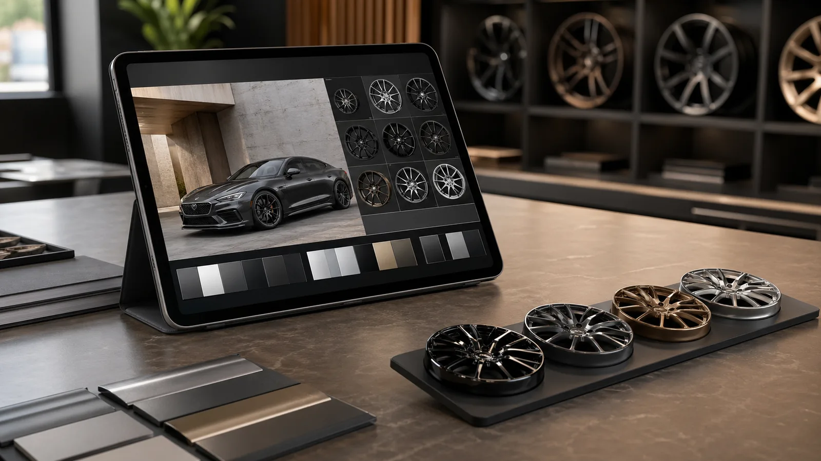Retail tablet showing a wheel catalog and vehicle preview beside wheel finish samples