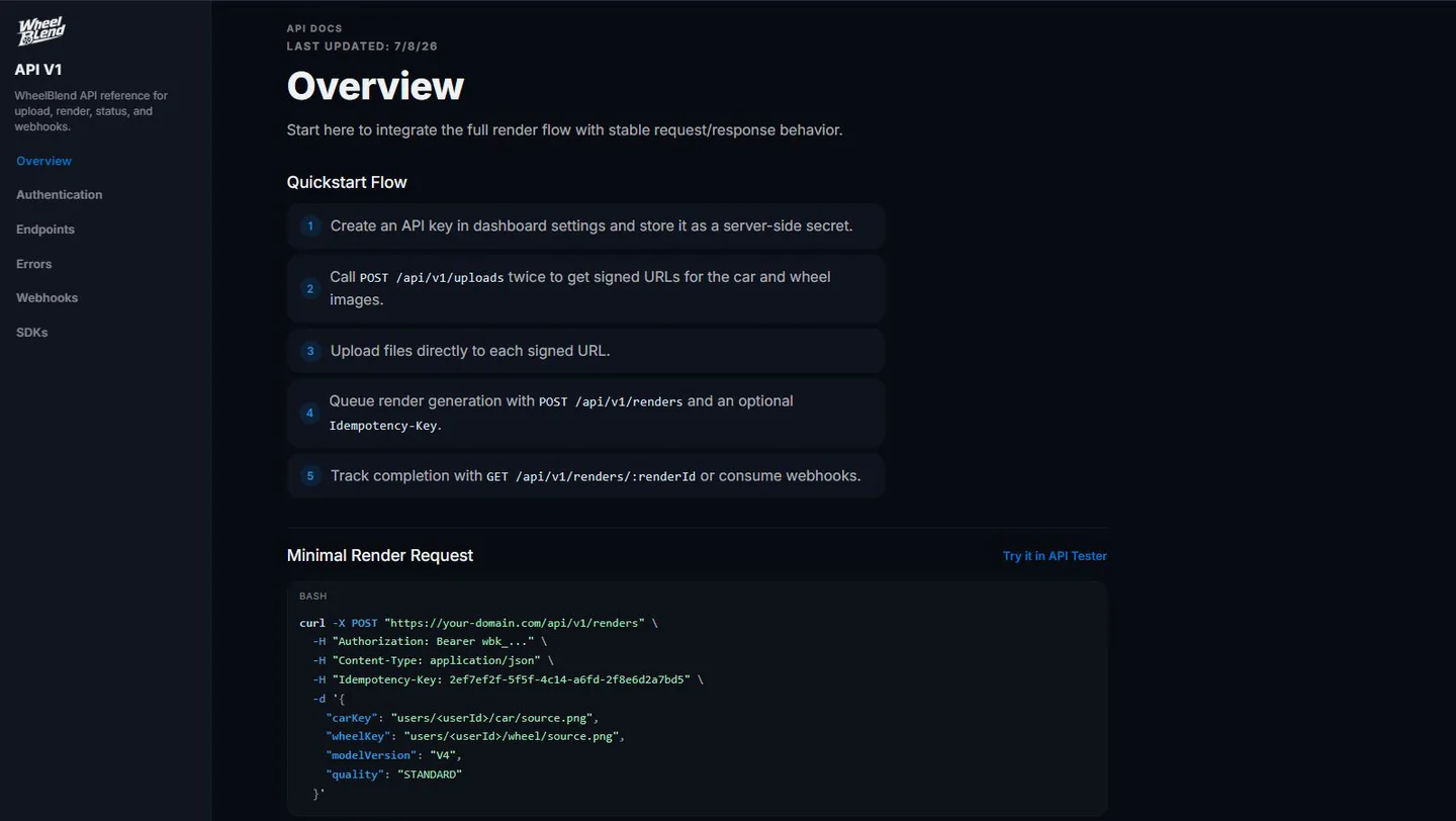 WheelBlend API documentation overview in dark mode