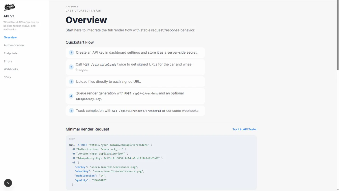 WheelBlend API documentation overview in light mode