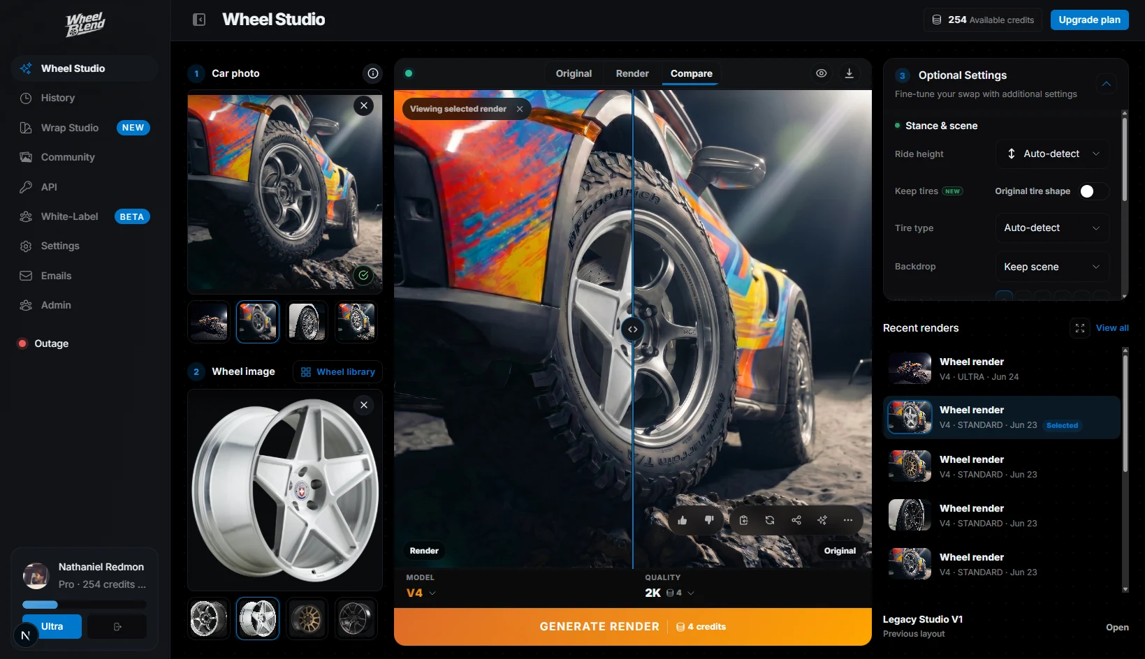 WheelBlend dashboard configurator in dark mode