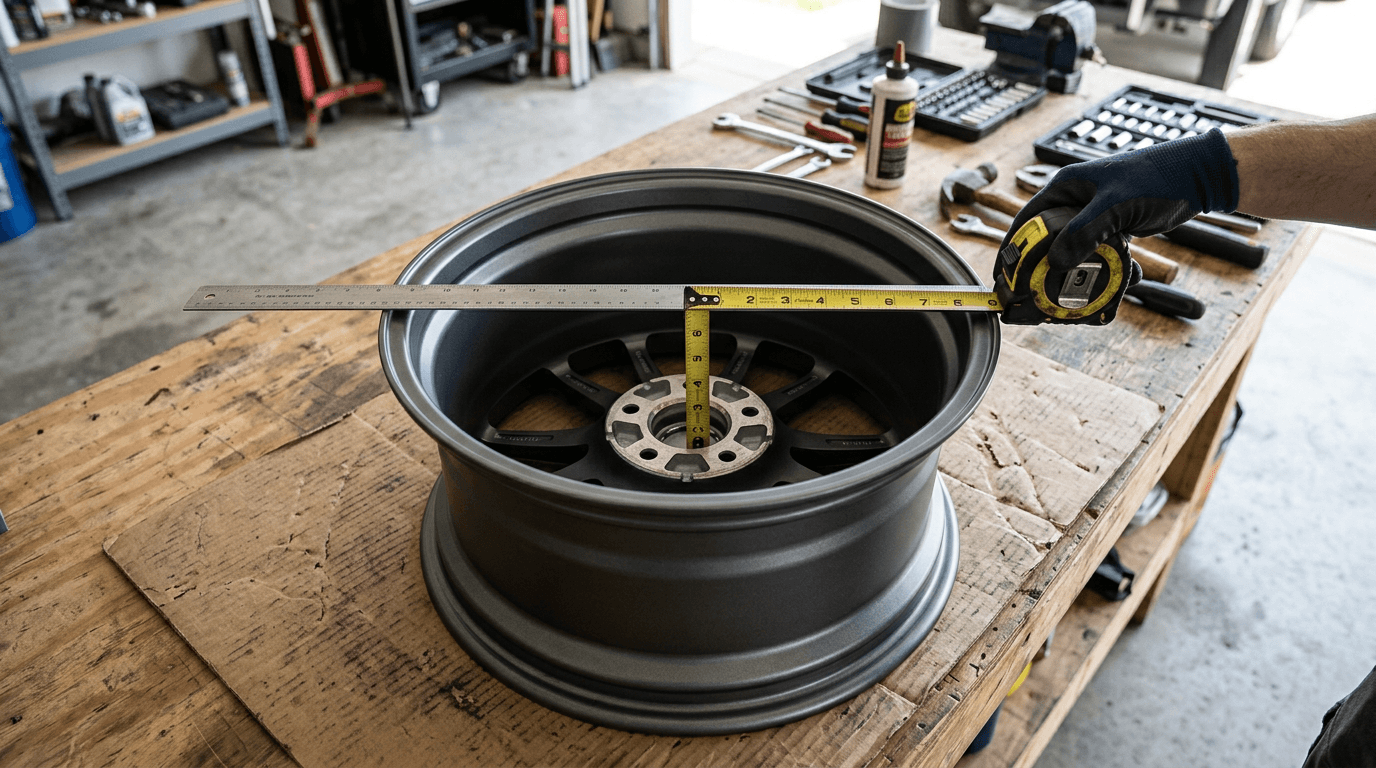 Wheel laid face down on a workbench with a straight edge and tape measure for backspacing measurement