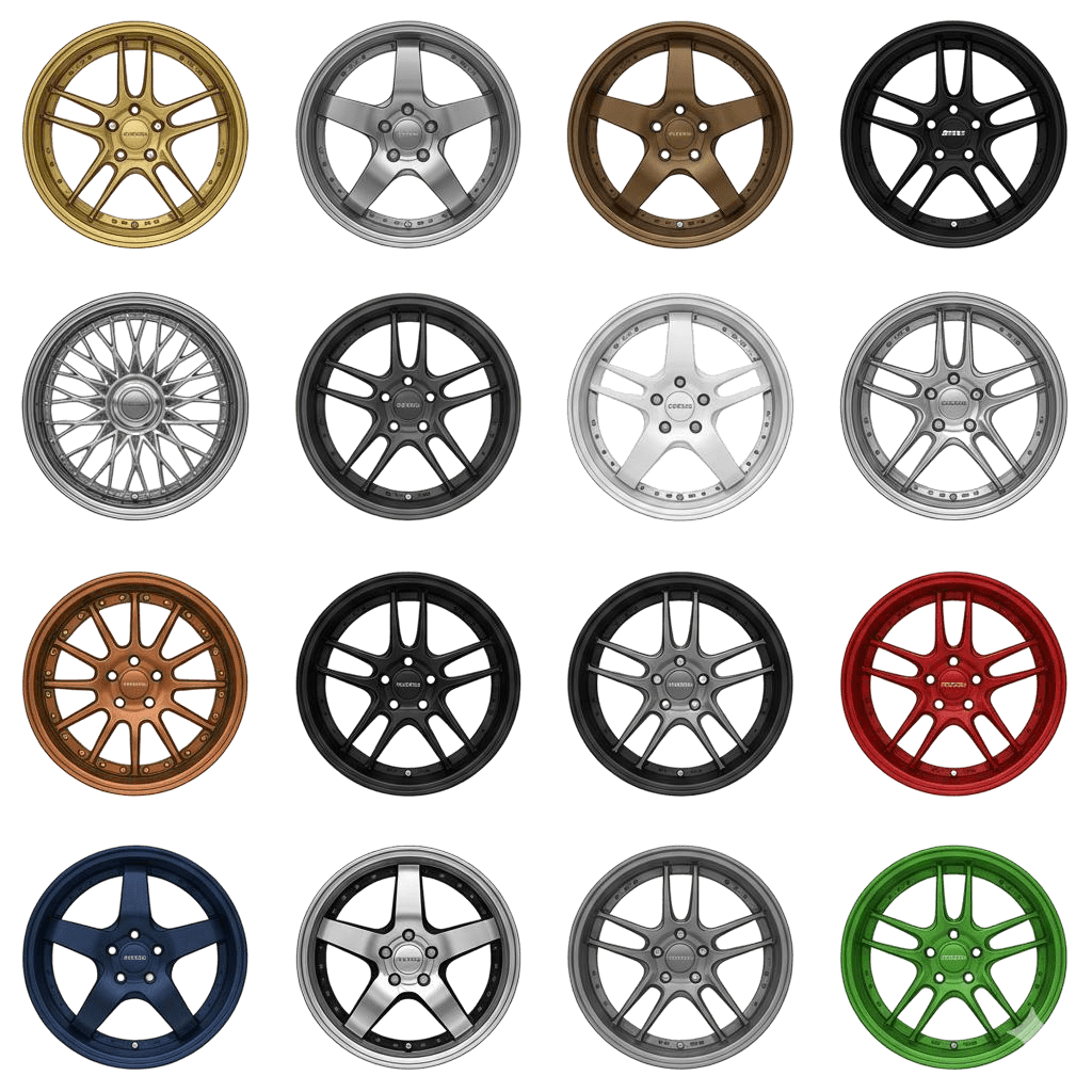 Transparent PNG strip showing the same rim in chrome, matte black, and satin graphite with optional size labels 19 to 22