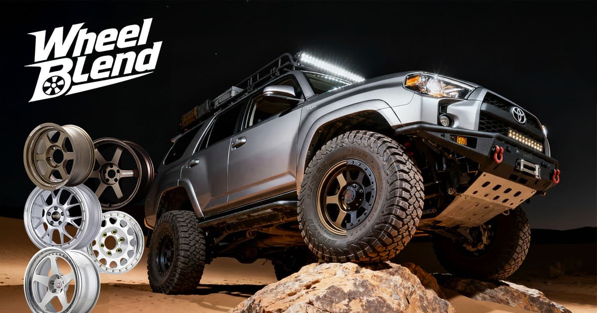 WheelBlend promotional image with off-road vehicle and wheel options